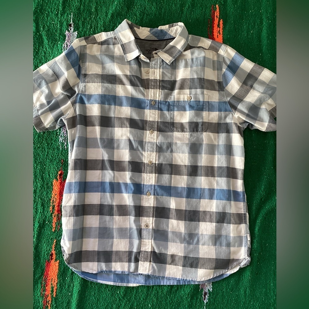 The North Face Shirt Mens XL Blue Check Short Sleeve Button Up Pocket